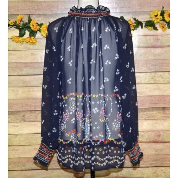 Cabi Sheer Blue Floral Long Sleeve Blouse Top Size S Tie Tassel Neckline Career - Picture 6 of 11
